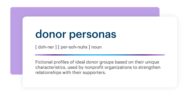 donor persona definition -  Fictional profiles of ideal donor groups based on their unique characteristics, used by nonprofit organizations to strengthen relationships with their supporters.