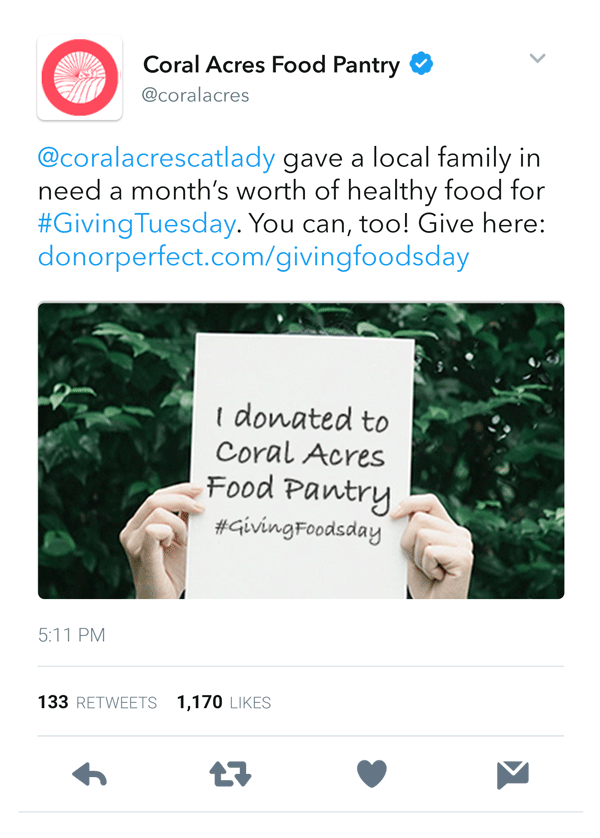 Screenshot of a nonprofit's tweet thanking a supporter for their donation, with the supporters username tagged