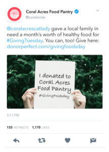 Screenshot of a nonprofit's tweet thanking a supporter for their donation, with the supporters username tagged