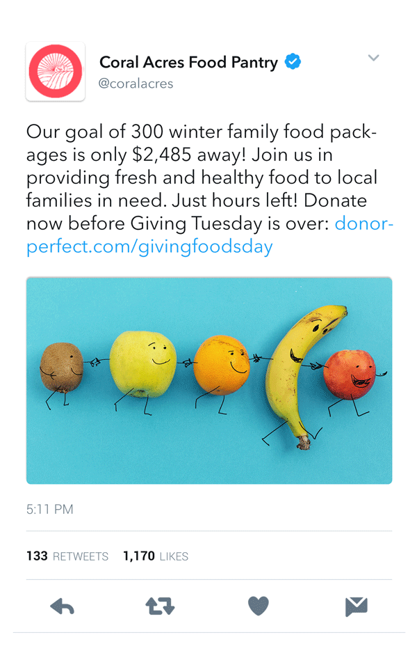 Screenshot of tweet from a social services nonprofit informing followers of an approaching GivingTuesday donation deadline