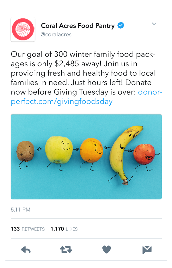 Screenshot of tweet from a social services nonprofit informing followers of an approaching GivingTuesday donation deadline