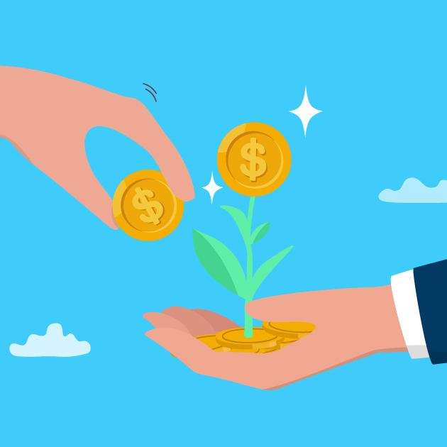 businessman hand put money coin on growing money seedling