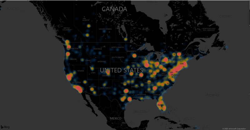 GivingTuesday 2020 donations heatmap of United States fundraising.  Highest fundraising totals occurred are clustered around major cities in the northeast, California and Floriday, with additional givingtuesday donation hubs in Texas, Georgia, Illinois, Michigan, Minnesota, Oregon, Colorado and Washington.