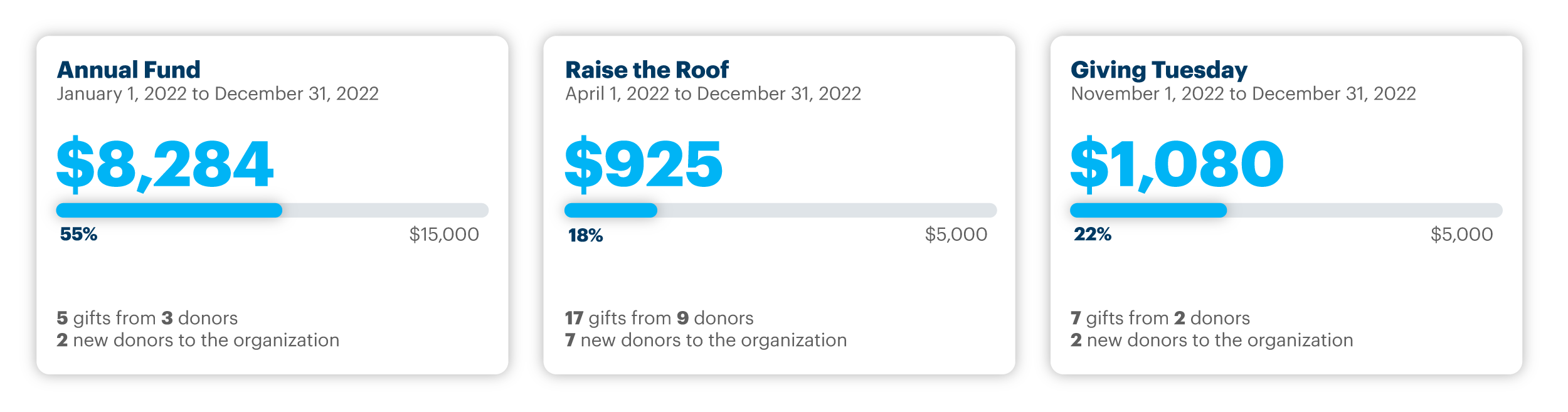Example of goals dashboard in DonorPerfect with goals and progress bars for an Annual Fund, Raise the Roof and Giving Tuesday