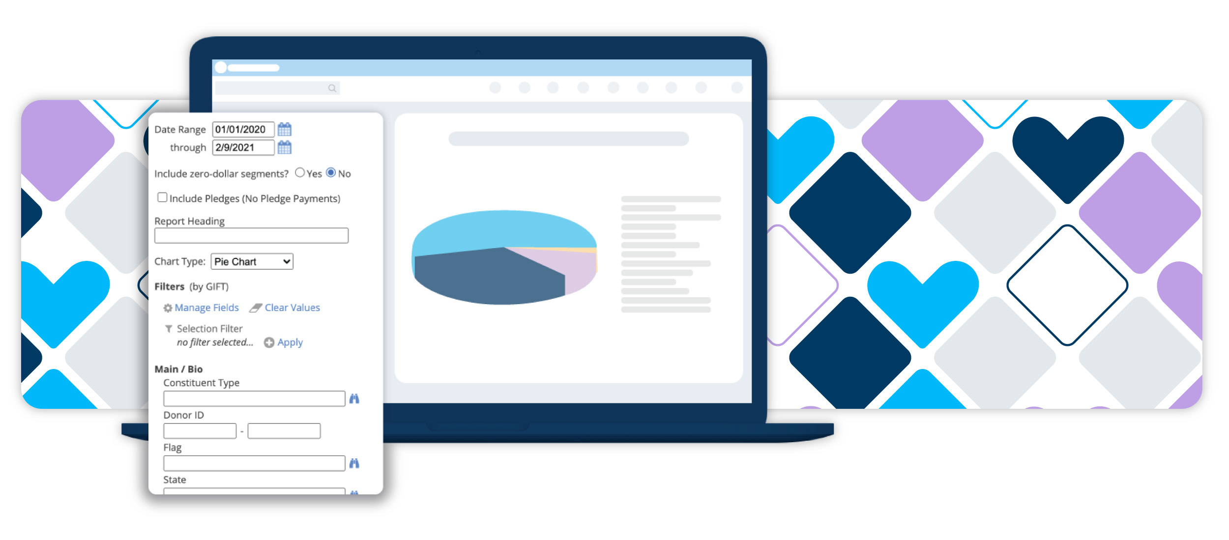 Example of reports in DonorPerfect with the filtering options and pie chart example displayed