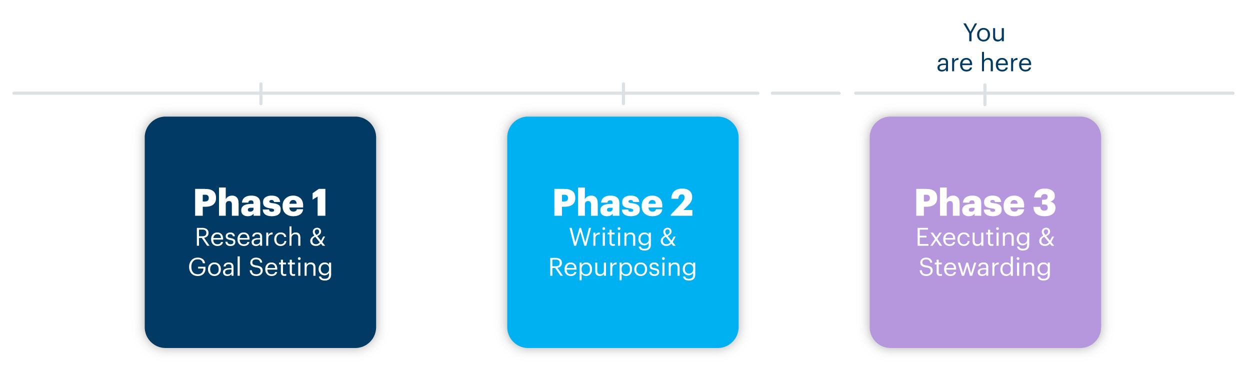 Timeline of the phases of Giving Tuesday, with a 'You are here' pin on Phase 3: Executing and Stewarding