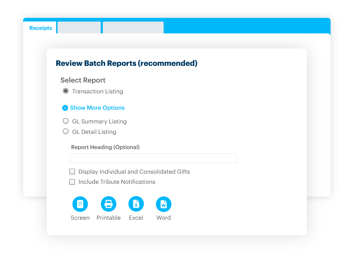 DonorPerfect Batch reporting / receipting