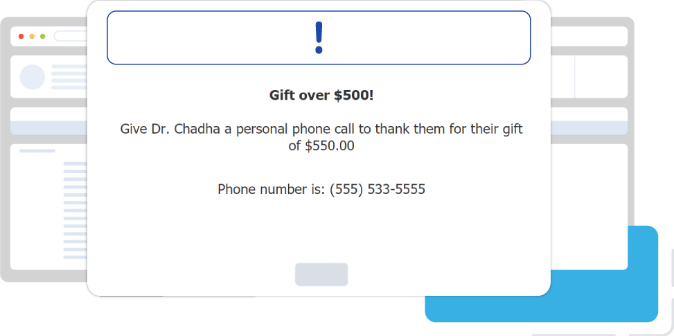 Screenshot: Major Donor Gift Alert Popup Message in DonorPerfect