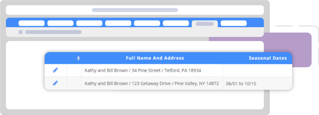 Screenshot: DonorPerfect donor record with seasonal addresses