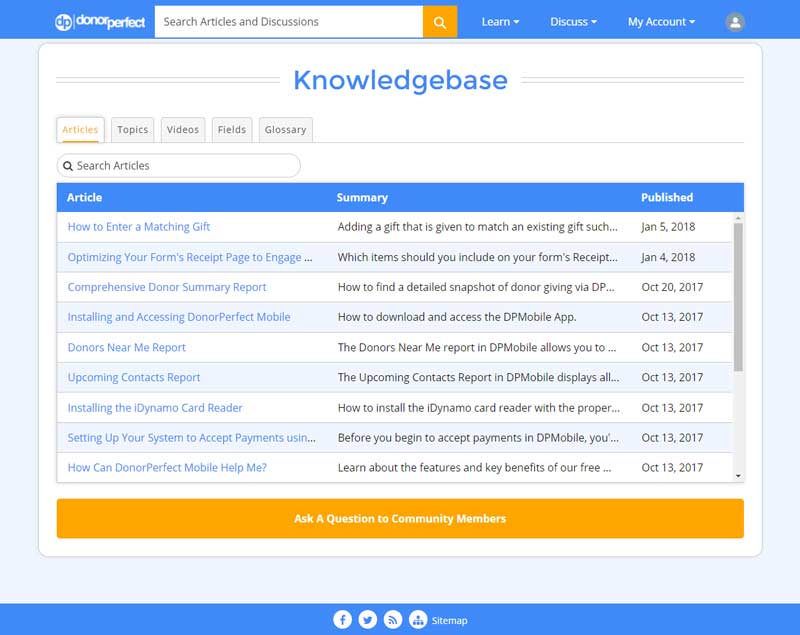 Screenshot of DonorPerfect Knowledgebase