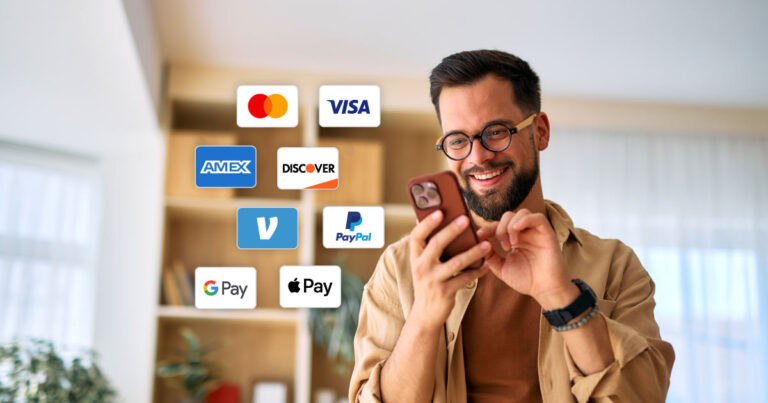 Man donating with different payment options