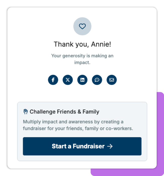 GiveCloud for with "Start a Fundraiser" prompt by a thank you