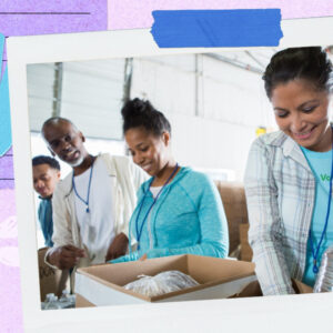 a scrapbook style image of volunteers working at a food pantry