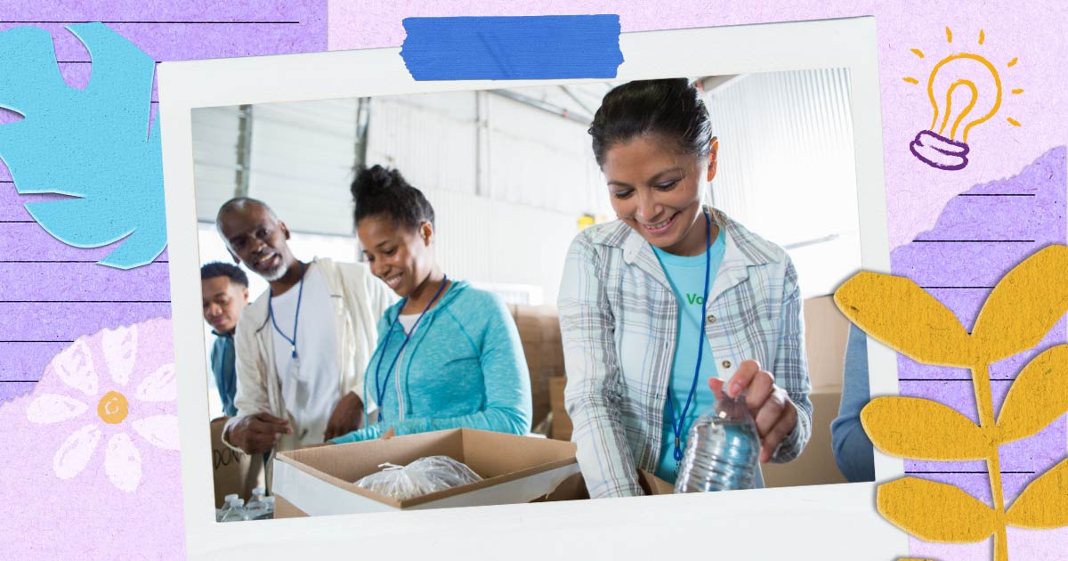 a scrapbook style image of volunteers working at a food pantry