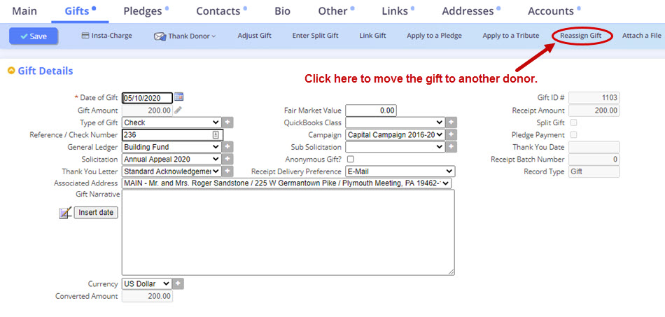 reassign gift in donorperfect