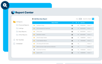Mock-up of the report center with a list of reports in DonorPerfect