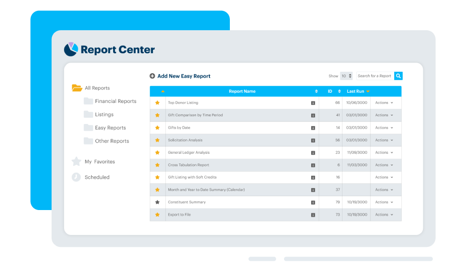 Mock-up of the report center with a list of reports in DonorPerfect