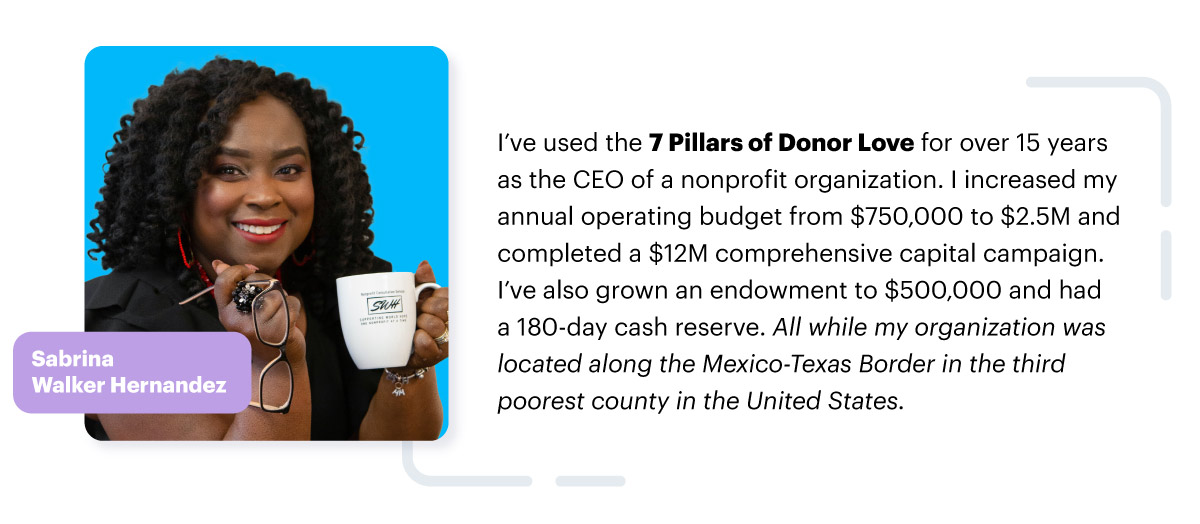 I’ve used the 7 Pillars of Donor Love for over 15 years as the CEO of a nonprofit organization. I increased my annual operating budget from $750,000 to $2.5M and completed a $12M comprehensive capital campaign. I’ve also grown an endowment to $500,000 and had a 180-day cash reserve. All while my organization was located along the Mexico-Texas Border in the third poorest county in the United States.