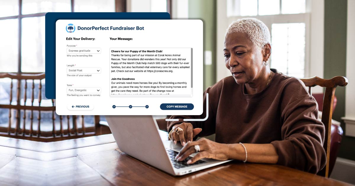 Senior woman using laptop at home using DonorPerfect's AI writer bot