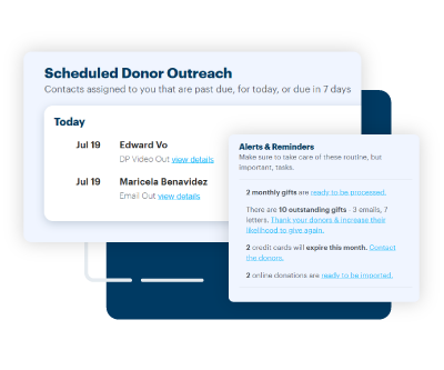 snapshot of scheduled outreach on DonorPerfect homepage