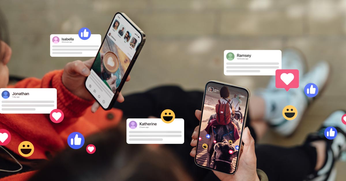 Closeup of two friends commenting and giving likes on social media platform via smartphone