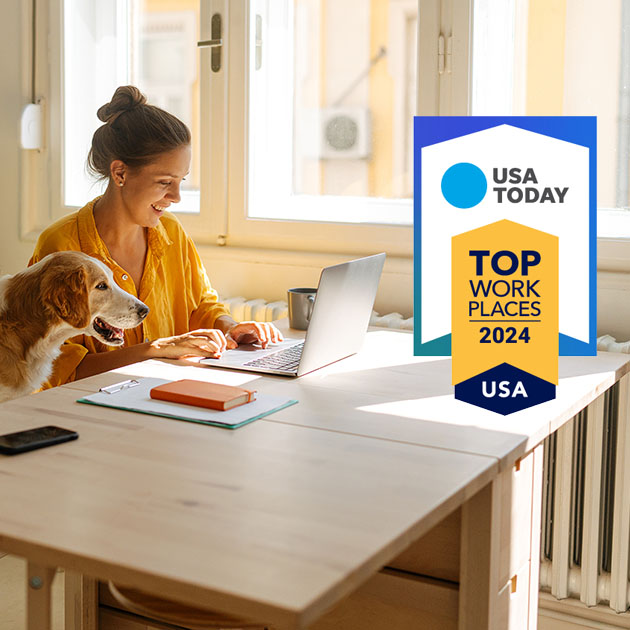 A woman remote working alongside the USA Today Top Workplaces 2024.