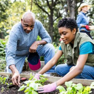 ather and adult daughter working in community garden