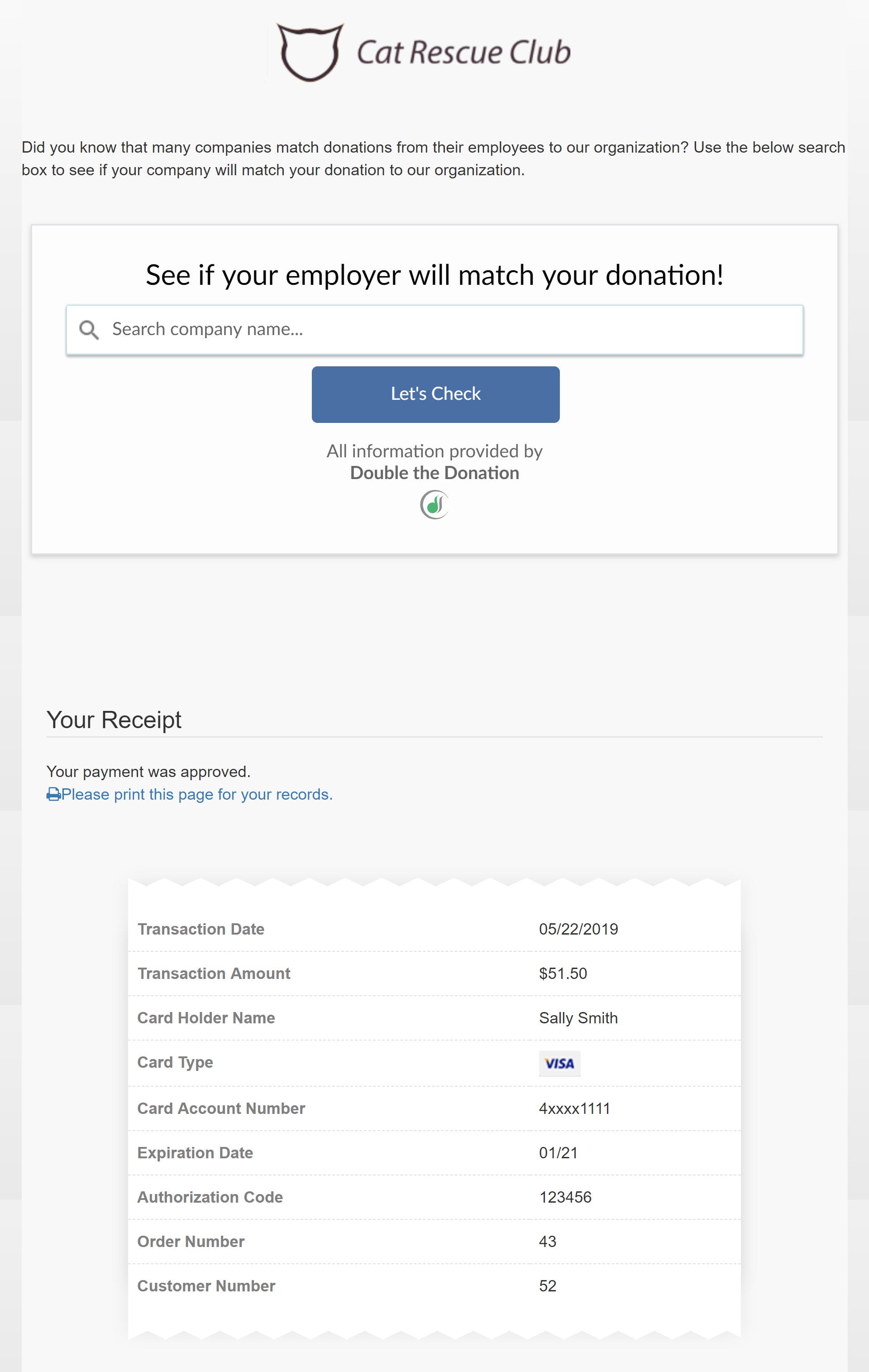 Double the Donation employer match receipt screenshot