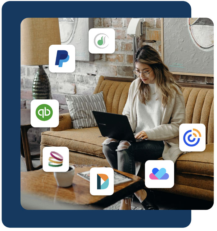 Woman on computer, integrations icons floating around