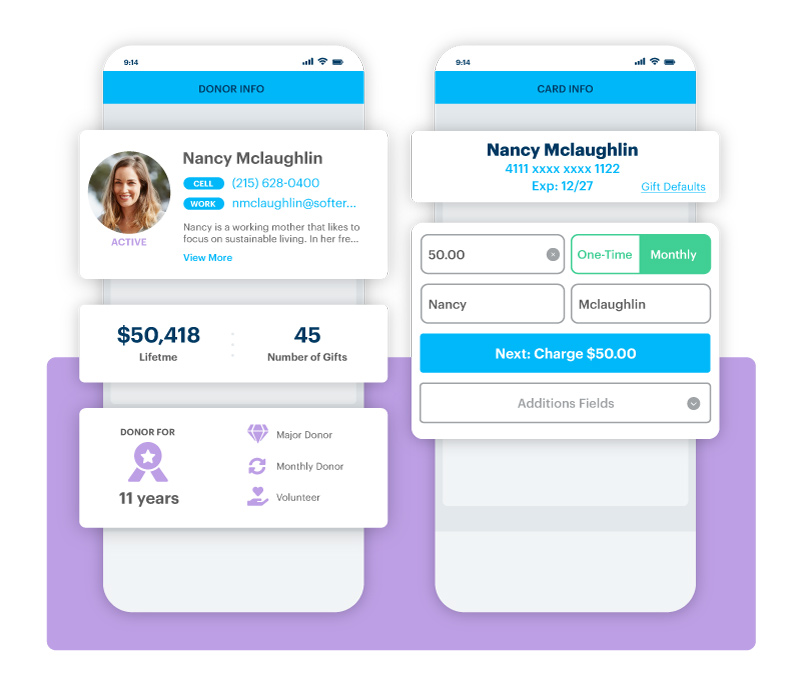 two screens from the DonorPerfect mobile app