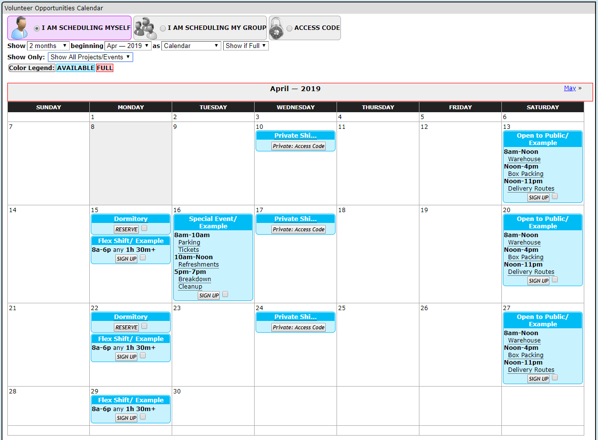 Calendar showing events