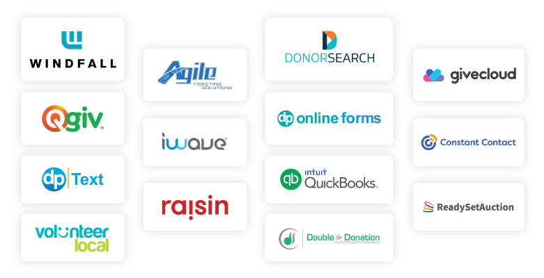 DonorPerfect integrations and Partners logos for Windfall, Agile Ticketing, DonorSearch, GiveCloud, QGiv, Iwave, Online Forms, Constant Contact, Text-to-give, raisin, quickbooks, readysetauction, double the donation and volunteer local.