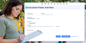 A nonprofit leader is holding a clipboard and writing on it with a DonorPerfect screenshot of a new Calculated Field being created.