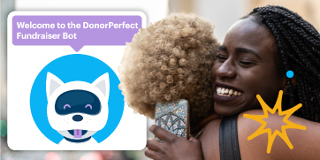 Two women hugging with an image of the DonorPerfect AI bot alongside.