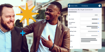 Two men engaging in conversation while walking with the DonorPerfect contact screen in the foreground.