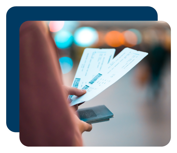 A young girl is going on a trip, holds tickets in her hands and goes to check-in