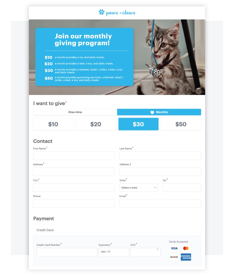 Example monthly giving donation form with different giving level dollar amounts and credit card entry fields.