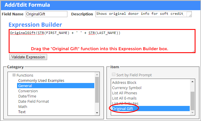 Use an Export Template Formula to include original donor information. 