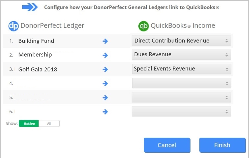 Map your general ledgers to post gifts from DonorPerfect to QuickBooks.