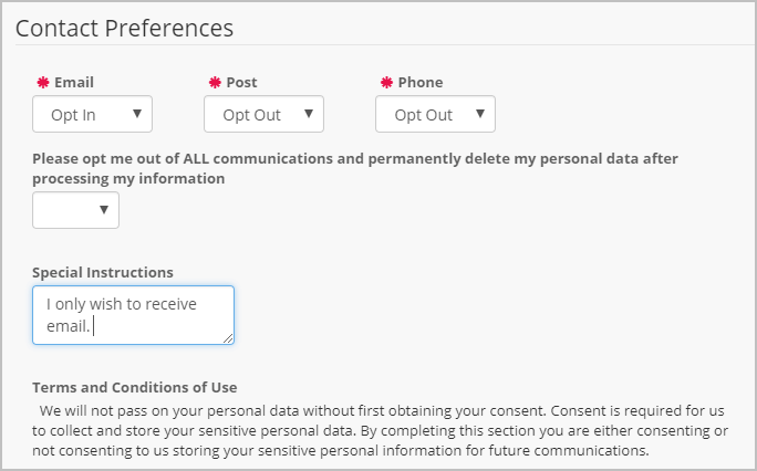 DP Online Forms contain a section for supporters to confirm their contact settings for GDPR requirements. 