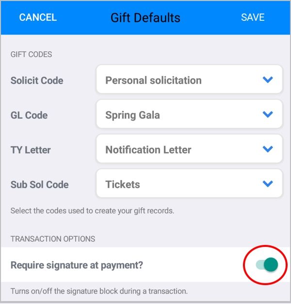The setting for "Require signature at payment” defaults to “off” to collect mobile payments in new versions of DPMobile